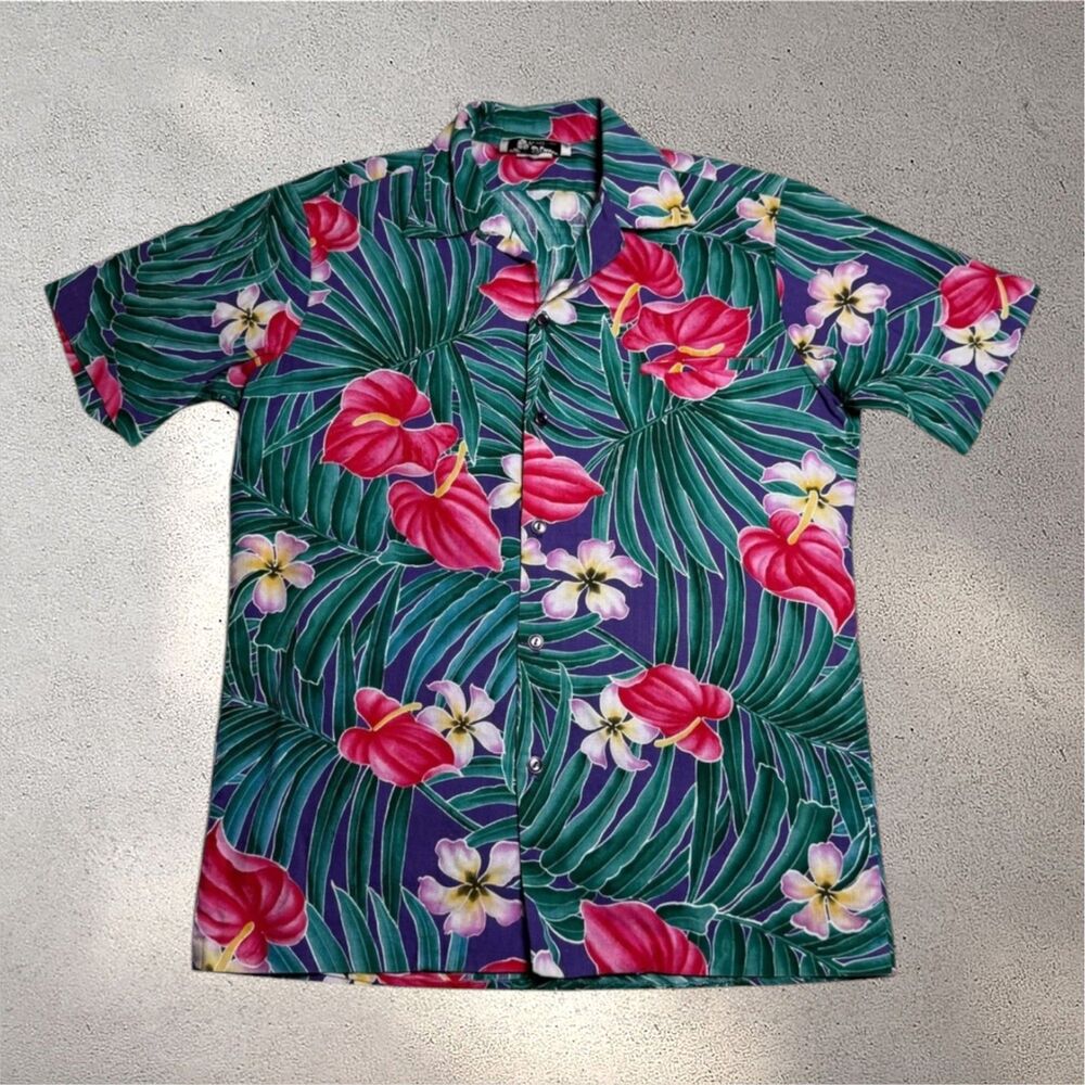 Vintage Hilo Hattie Mens Hawaiian Shirt M? Aloha Floral 90s Green Pink Beach